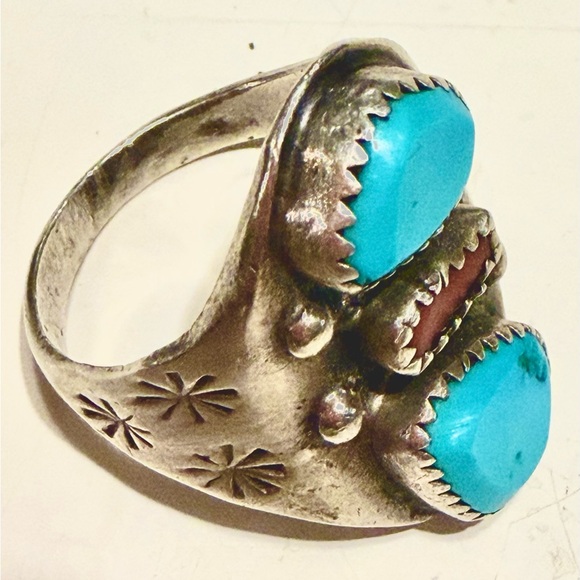 Turquoise and Coral Silver Ring - Picture 2 of 4